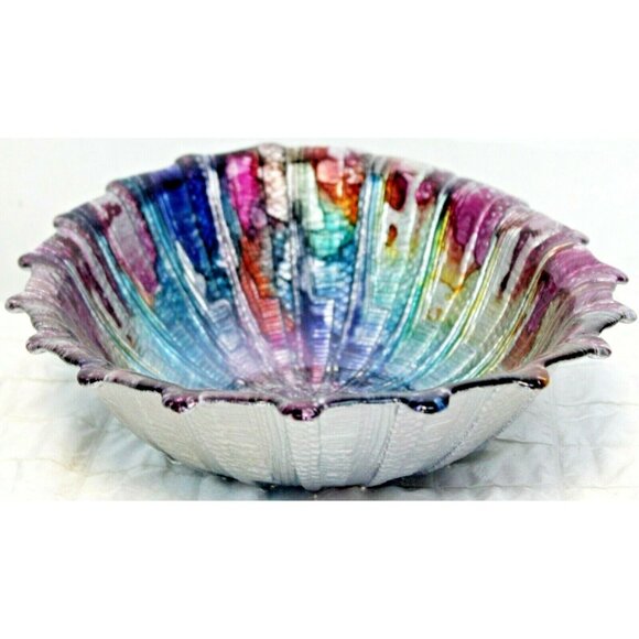 Metallic Rainbow Art Glass Bowl Serving Display Scalloped Shell Oval Texture - Picture 5 of 9